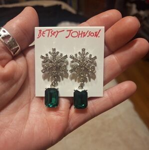 Betsey Johnson Silver and Green Snowflake Earrings